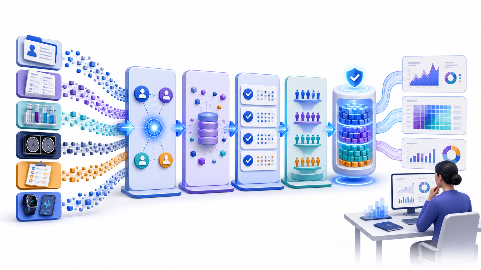 healthcare data analytics workflow connecting healthcare data, analytical review, and clinician oversight