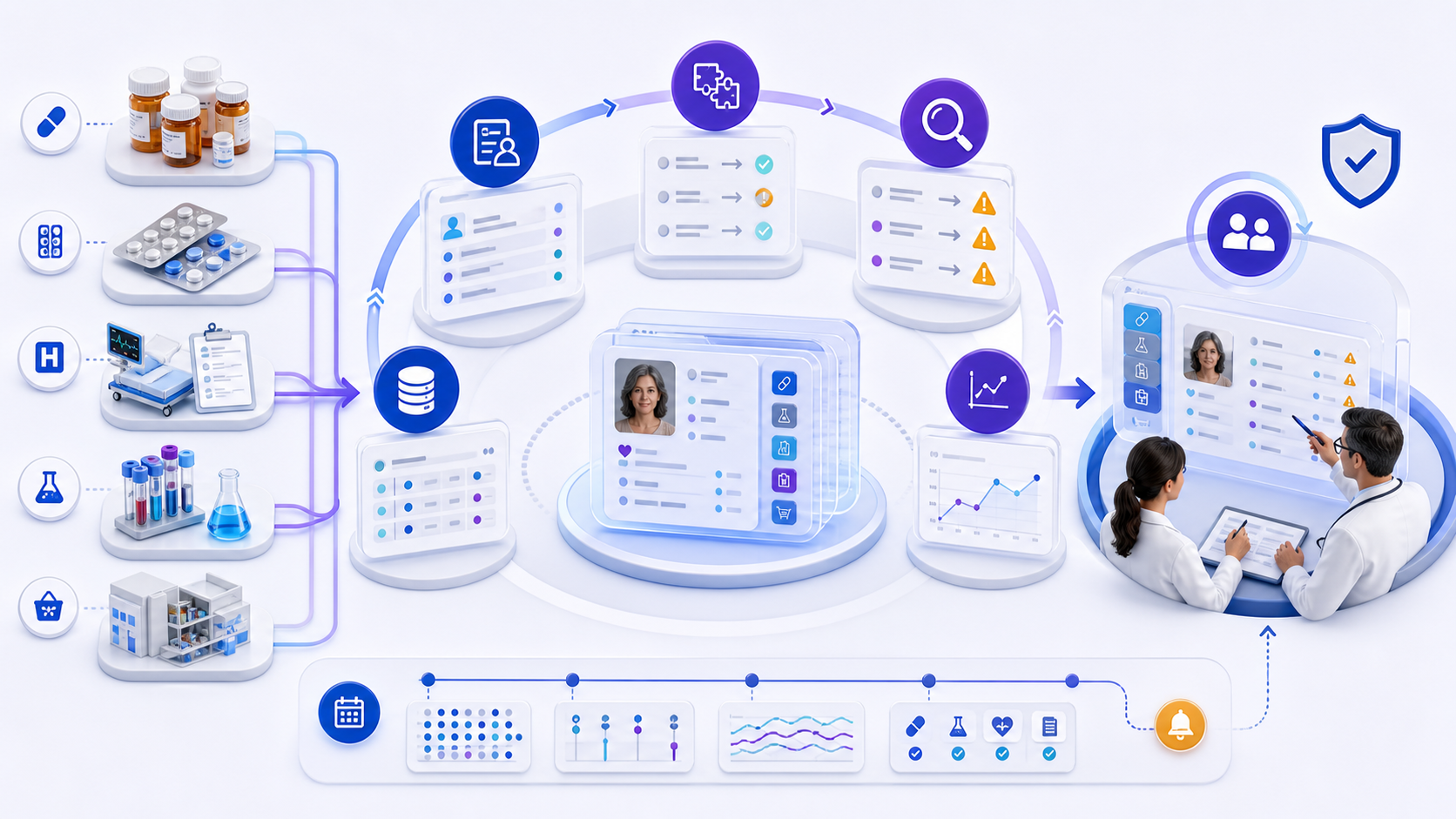 Medication management workflow linking source records, medication history, reconciliation, safety screening, monitoring, and clinician-pharmacist review
